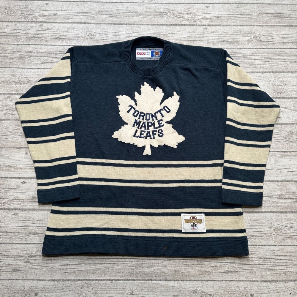 Vintage 90s CCM Toronto Maple Leafs Sweater Mens Medium Navy Blue Striped Hockey
